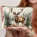 Kosmetiktasche aus Leinen mit Vintage-Weihnachtshirsch- und Walddruckmotiv - Elch-Druck Stil 4 (HZB250920-4)