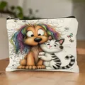 Cute linen cosmetic bag featuring a colorful rainbow dog and cat hugging illustration - Cartoon Dog Print Style 3 (HZB251112--3)