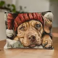 Cute Christmas puppy print makeup bag with red knit hat design on wooden table - Christmas Brown Dog Red Hat 5 (HZB250923)