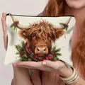 Christmas themed highland cow makeup bag with festive wreath in textured linen pouch - Highland Cow Style 6 (HZB250918-6)