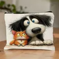 Linen cosmetic storage bag featuring a funny wide-eyed cat and dog cartoon print design - Cartoon Cat & Dog Print Style 4 (HZB251112--4)