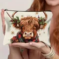 Christmas linen makeup bag featuring a festive Highland cow with scarf and winter decor - Highland Cow Style 7 (HZB250918-7)