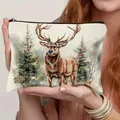 Elegante Kosmetiktasche aus Leinen mit detailliertem Hirsch-Druck im Winterwald-Design - Elch-Druck Stil 6 (HZB250920-6)