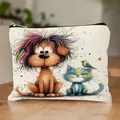 Linen makeup pouch featuring cute cartoon dog and cat prints with zipper closure - Cartoon Cat & Dog Print Style 5 (HZB251112--5)