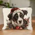 Large Christmas puppy printed cosmetic bag featuring cute dog wearing Santa hat - Christmas Snowflake Dog Style 7 (HZB250923)