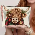 Christmas Highland cow cosmetic bag made of linen fabric with a black zipper closure - Highland Cow Style 8 (HZB250918-8)