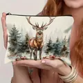Festive Weihnachts-Kosmetiktasche aus Leinen mit Hirschprint und Reißverschluss für Damen - Elch-Druck Stil 7 (HZB250920-7)