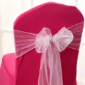 White organza chair bow sash paired with fuchsia pink elastic chair cover for banquet decor - 1 Piece / Rose Pink