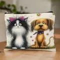 Whimsical linen cosmetic bag featuring adorable cartoon cat and dog illustrations. - Cartoon Cat & Dog Print Style 6 (HZB251112--6)