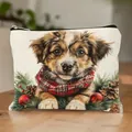 Festive Christmas canvas makeup bag featuring a cute puppy in a red scarf print - Christmas Pine Puppy Style 8 (HZB250923)