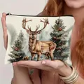 Festliche Kosmetiktasche aus Leinen mit Weihnachtselch- und Tannenbaum-Print für Damen - Elch-Druck Stil 8 (HZB250920-8)