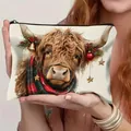 Festive highland cow Christmas makeup bag with linen texture and zipper closure. - Highland Cow Style 9 (HZB250918-9)
