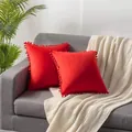Pair of luxury red Holland velvet throw pillowcases with pom-pom fringe for home decor - 40x40cm (1 Piece Without Insert) / Bright Red (No. 7)