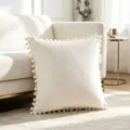 Elegant cream velvet throw pillow case with decorative pom-pom trim for sofa decor - 45x45cm (One Piece Without Core) / Off White