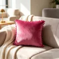Pink velvet pillow cover with pom pom trim on a cozy sofa - 45x45cm (One Piece Without Core) / Deep Pink