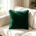 Dark green velvet throw pillow cover with pom poms on a beige sofa - 45x45cm (One Piece Without Core) / Dark Green