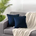 Navy blue velvet pillowcase set with decorative pom-pom trim for sofa decor. - 45x45cm (One Piece Without Core) / Dark Blue