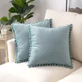 Soft light blue velvet throw pillowcase with decorative pom-pom trim for sofa decor - 40x40cm / Teal