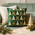 Green velvet Christmas pillow cover with embroidered white tree patterns. - 18x18 Inch / 10 Pieces/Pack / Dark Green-Tree Bow Grid
