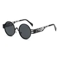 Lunettes de soleil steampunk rondes rétro avec branches en métal évidées à motif de vagues. - Monture Noire Verres Gris