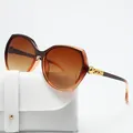 Oversized polygonal women's sunglasses with gradient brown lenses and gold temple detail - With 016 Leather Case / Brown