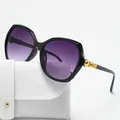 Stylish oversized polygon sunglasses featuring purple gradient lenses and decorative gold temples - With 016 Leather Case / Black
