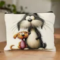 Linen cosmetic bag featuring cute cartoon cat and dog illustrations - Cartoon Cat & Dog Print Style 7 (HZB251112--7)