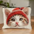 Cute Christmas cat makeup pouch featuring a realistic kitten wearing a red knit hat - Christmas Cat Red Hat 9 (HZB250923)