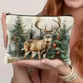 Weihnachts-Hirsch Leinen Kosmetiktasche für Damen festliche Clutch Handtasche Organizer - Elch-Druck Stil 9 (HZB250920-9)