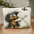 Durable linen cosmetic bag featuring a cute cartoon shaggy dog and white cat illustration - Cartoon Cat & Dog Print Style 8 (HZB251112--8)