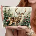 Weihnachts-Make-up-Tasche aus Leinen mit Hirschmotiv für Damen im Wald-Festdesign - Elch-Druck Stil 10 (HZB250920-10)
