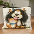 Linen makeup bag featuring adorable cartoon dog and cat print for travel storage - Cartoon Cat & Dog Print Style 9 (HZB251112--9)