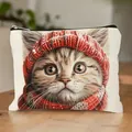 Portable cat makeup bag with festive kitten in red knitted hat and scarf illustration - Christmas Scarf Cat 11 (HZB250923)