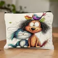 Linen makeup bag with a whimsical cartoon dog and cat illustration and black zipper - Cartoon Cat & Dog Print Style 10 (HZB251112--10)