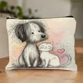 Linen cosmetic bag with cute dog and cat illustration, durable zipper storage pouch - Cartoon Cat & Dog Print Style 11 (HZB251112--11)