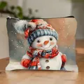 Beauty case natalizio con simpatico pupazzo di neve ad acquerello su tela durevole. - Stile Pupazzo Di Neve Con Cappello Blu E Sciarpa A Quadri Rossi (HZB250915--2) / Confezione da 10