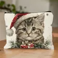 Festive kitten with Christmas hat printed canvas cosmetic bag for holiday storage - Christmas Gift Box Cat 13 (HZB250923)