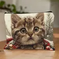 Portable Christmas themed makeup bag featuring a cute kitten illustration with winter elements - Christmas Brown Kitten 14 (HZB250923)