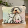 Linen cosmetic storage bag featuring a whimsical cartoon cat and dog print with heart - Cartoon Cat & Dog Print Style 12 (HZB251112--12)