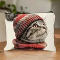 Cute winter cat canvas cosmetic bag with red knit hat graphic print for holiday gift - Christmas Grey Stripe Cat 15 (HZB250923)
