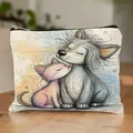 Linen makeup bag with adorable warm cat and dog hugging cartoon illustration print - Cartoon Cat & Dog Print Style 13 (HZB251112--13)