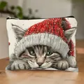 Festive Christmas cat makeup bag featuring cute kitten in red knit hat and zipper - Christmas Red Hat Grey Cat 16 (HZB250923)