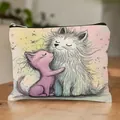 Linen cosmetic bag featuring cute cat illustration and secure zipper closure for ladies - Cartoon Cat & Dog Print Style 14 (HZB251112--14)