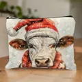 Festive Christmas cow print canvas makeup bag storage pouch with zipper for students - Christmas Red Scarf Cow 17 (HZB250923)