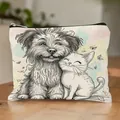 Linen cosmetic bag with cute dog and cat print, zipper closure, for woman's makeup storage - Cartoon Cat & Dog Print Style 15 (HZB251112--15)