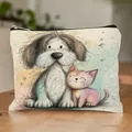 Durable linen makeup pouch featuring a cute hand-drawn cat and dog illustration with zipper - Cartoon Cat & Dog Print Style 16 (HZB251112--16)