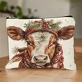 Christmas themed makeup bag with cute cow illustration in winter hat and scarf - Christmas Berry Hat Cow 18 (HZB250923)