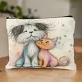 Linen makeup bag featuring cute watercolor cat and dog illustration with zipper closure - Cartoon Cat & Dog Print Style 17 (HZB251112--17)