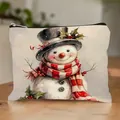 Pochette per cosmetici natalizia con stampa pupazzo di neve su tessuto di tela - Stile Pupazzo Di Neve Con Decorazione Di Agrifoglio E Bacche (HZB250915--9) / Confezione da 10
