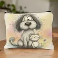 Linen cosmetic bag featuring a whimsical hand-drawn cartoon dog and cat illustration - Cartoon Cat & Dog Print Style 18 (HZB251112--18)